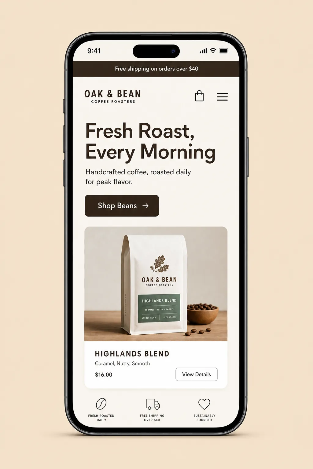 A coffee website rebuilt for mobile with clean spacing and large tap targets