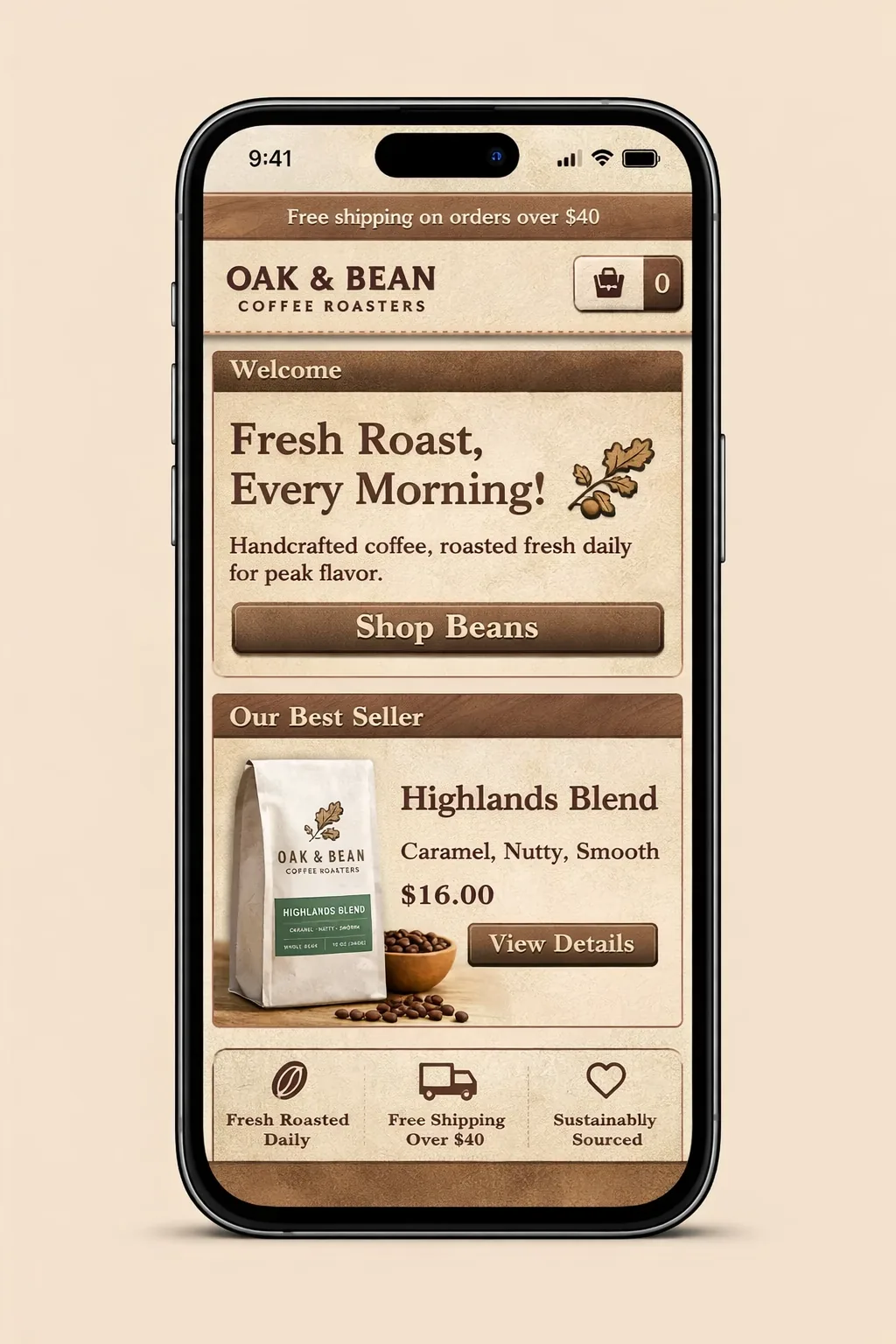Coffee roaster website before polish