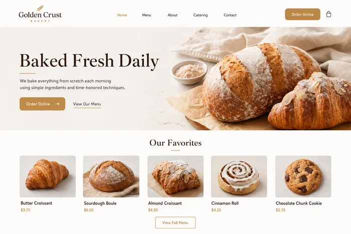 Polished bakery website: Baked Fresh Daily