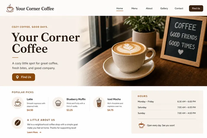 Polished cafe website: Your Corner Coffee