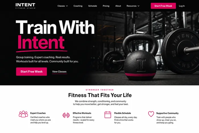 Polished fitness website: Train With Intent