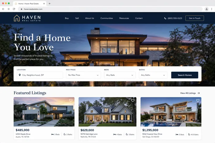 Polished real estate website: Find Your Next Home